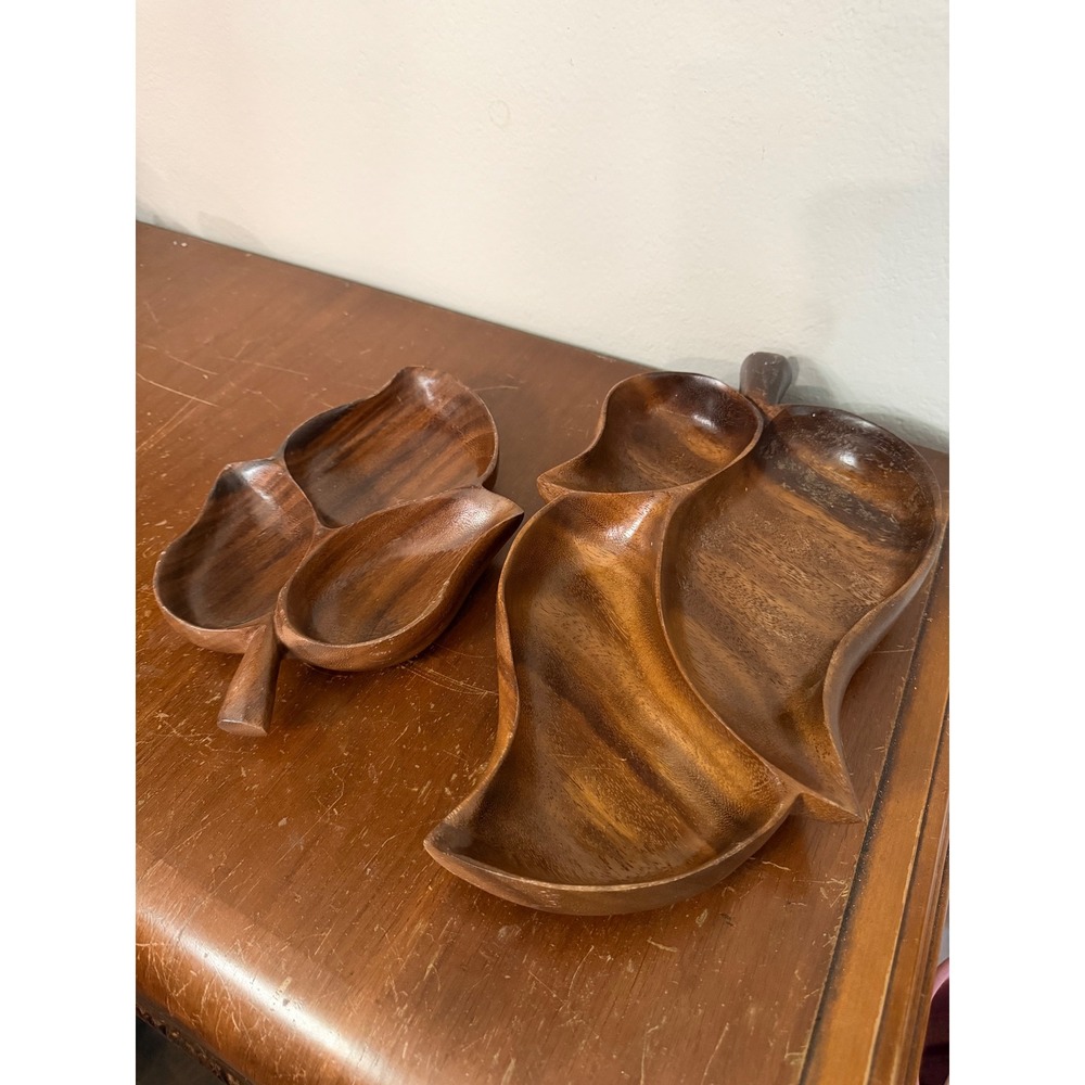 Vintage Mid Century Modern Hawaiian Monkey Pod Turned Wood Leaf Bowl Set - 2